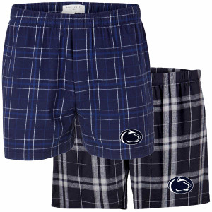 blue and navy plaid flannel boxer shorts with Penn State Athletic Logo on left thigh